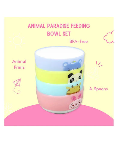 Animal Paradise Cartoon Print Feeding Bowl Set of 4 with Spoon - Multicolor Animal Paradise Cartoon Print Feeding Bowl Set of 4 with Spoon - Multicolor
