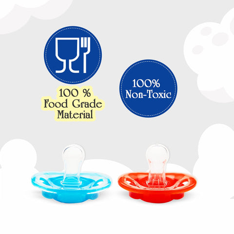 Mee Mee Baby Pacifier Ultra Light Soft Silicone Nipple| BPA Free | Oral stimulatory | Teether | Pack of 2 | 0-6 months + Kids (Blue/Red) Mee Mee Baby Pacifier Ultra Light Soft Silicone Nipple| BPA Free | Oral stimulatory | Teether | Pack of 2 | 0-6 months + Kids (Blue/Red)