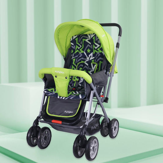 Little Pumpkin by R for Rabbit Kiddie Kingdom Baby Stroller Pram with 3 Position Recline, Adjustable Backrest, 360° Swivel Wheel, Storage Basket, Reversible