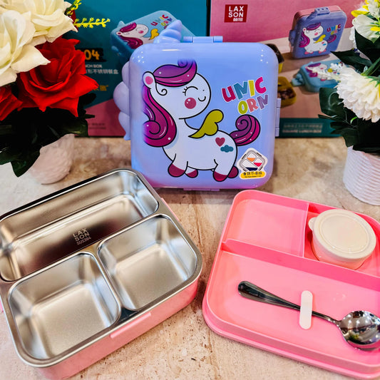 Unicorn Insulated Steel Lunch Box - 3 Grids, 1120ml + 70ml with Steel Spoon & Small Container