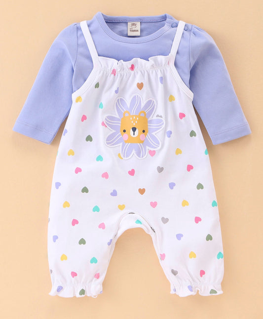 Mini Taurus Cotton Knit Heart Printed Dungaree with Full Sleeves Inner Tee - Purple & White