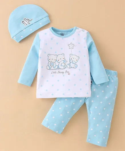 Mini Taurus Cotton Full Sleeves Night Suit with Cap Teddy Print - Blue & White