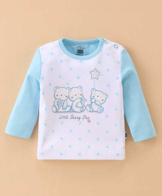 Mini Taurus Cotton Full Sleeves Night Suit with Cap Teddy Print - Blue & White