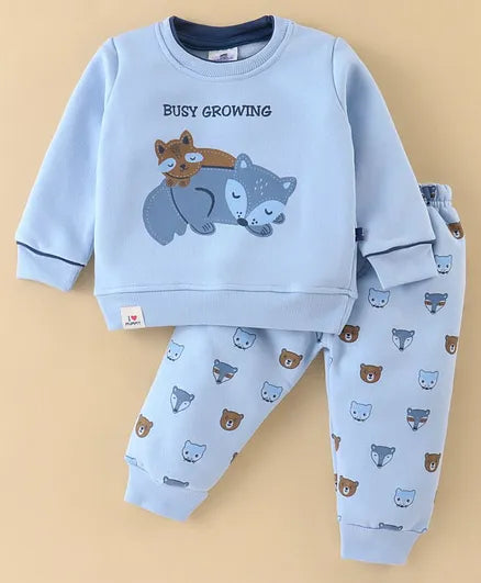 Mini Taurus Cotton Knit Full Sleeves Fox Printed Night Suit - Blue