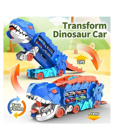 Dinosaur Storage Truck Toy- Transformable Into Standing Dinosaur- Foldable & Sliding 25-Inch Race Track with 2 Alloy Cars-Toddler Car Toys Set