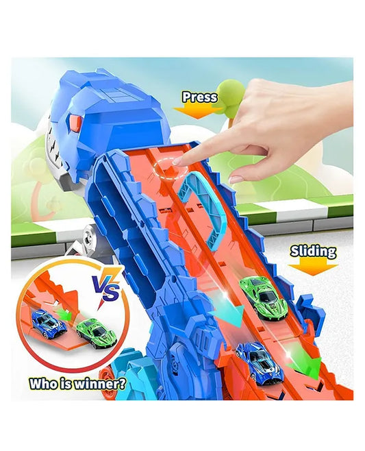 Dinosaur Storage Truck Toy- Transformable Into Standing Dinosaur- Foldable & Sliding 25-Inch Race Track with 2 Alloy Cars-Toddler Car Toys Set