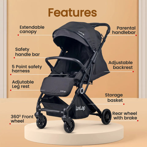 LuvLap Elite Baby Stroller, Pram for 0 to 3 Years with 5 Point Safety Harness, Large Storage Basket, Easy Fold, Extendable Canopy