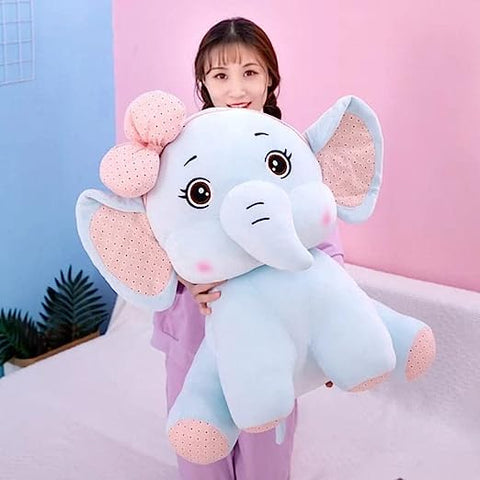 Cute Lovely Elephant with Bow Super Soft Stuffed Plush Toy Cartoon Characters Kids Favorite Ellie Soft Toy Animal Smile for Girls & Boys Car Birthday Home Decoration Item (Blue) (Size-40 cm) (Pack Of 1)