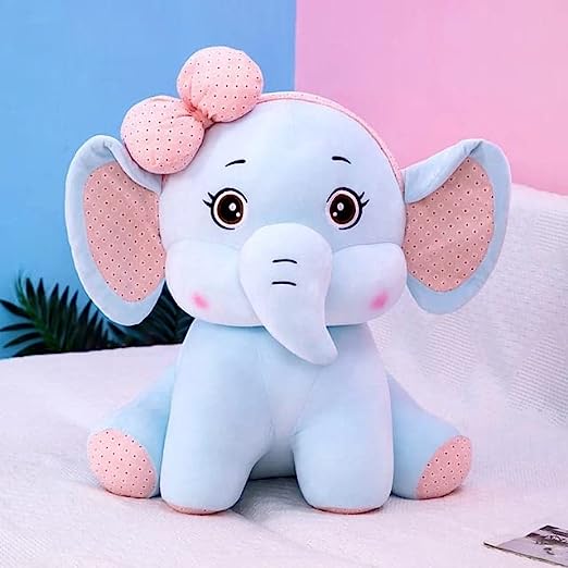 Cute Lovely Elephant with Bow Super Soft Stuffed Plush Toy Cartoon Characters Kids Favorite Ellie Soft Toy Animal Smile for Girls & Boys Car Birthday Home Decoration Item (Blue) (Size-40 cm) (Pack Of 1)