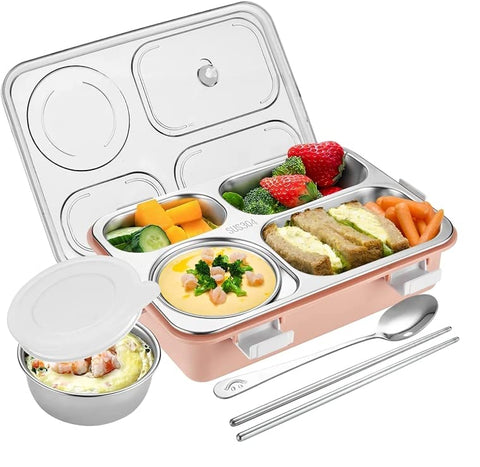 Students Lunch Box Sealed Leakage Proof Stainless Steel Lunch Box with 4 Compartment - Fork, Chopstick & Spoon Lid Office Food Container Included for School Kids and adults (INSIDE COMPARTMENT NOT LEAK PROOF) (Multi Color)