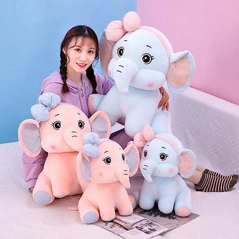 Cute Lovely Elephant with Bow Super Soft Stuffed Plush Toy Cartoon Characters Kids Favorite Ellie Soft Toy Animal Smile for Girls & Boys Car Birthday Home Decoration Item (Blue) (Size-40 cm) (Pack Of 1)