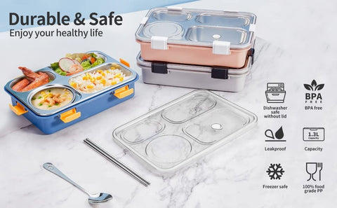 Students Lunch Box Sealed Leakage Proof Stainless Steel Lunch Box with 4 Compartment - Fork, Chopstick & Spoon Lid Office Food Container Included for School Kids and adults (INSIDE COMPARTMENT NOT LEAK PROOF) (Multi Color)