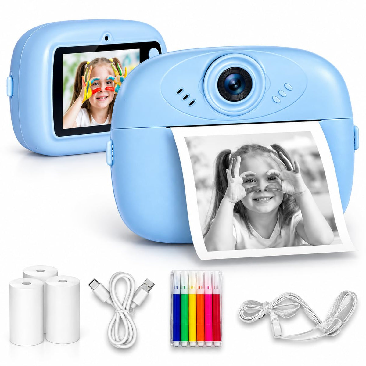 DIY Instant Print Mini Camera with Thermal Paper Printing, 2.4 Inch HD Screen, SD Card Support, Video Recording, Built-in Games, Music Player, Rechargeable Portable Camera