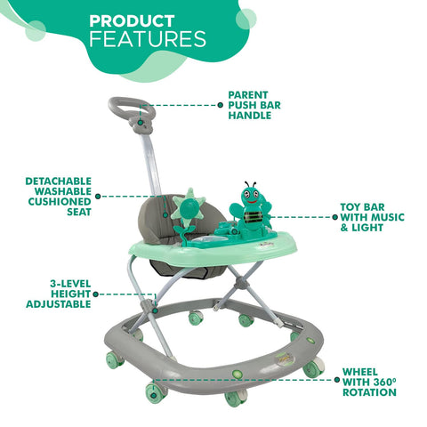 Funride Dash Butterfly DLX Baby Walker, Walker Baby 6-18 Months boy, Walker, Activity Walker with Music n Light and Parental Handle, 3 Position Adjustable Height (Capacity 20kg | Green)