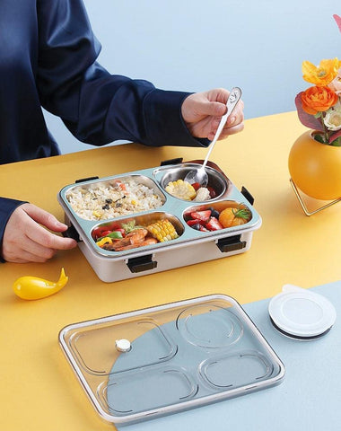 Students Lunch Box Sealed Leakage Proof Stainless Steel Lunch Box with 4 Compartment - Fork, Chopstick & Spoon Lid Office Food Container Included for School Kids and adults (INSIDE COMPARTMENT NOT LEAK PROOF) (Multi Color)