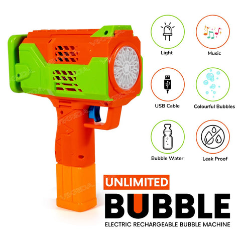 Rechargeable Bubble Machine for Kids - Automatic Bubble Gun, Leak-Proof Design with 2 Bubble Solution, Toddler Outdoor Toys, Gift for Kids