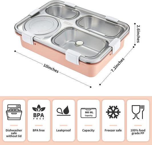 Students Lunch Box Sealed Leakage Proof Stainless Steel Lunch Box with 4 Compartment - Fork, Chopstick & Spoon Lid Office Food Container Included for School Kids and adults (INSIDE COMPARTMENT NOT LEAK PROOF) (Multi Color)