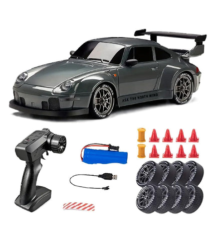 RC Drift Car 1:24 Scale 4WD | 20KM/H High-Speed Remote Control Car with LED Lights | 2.4GHz Rechargeable Drift Racing Car with Extra Tires & Cones