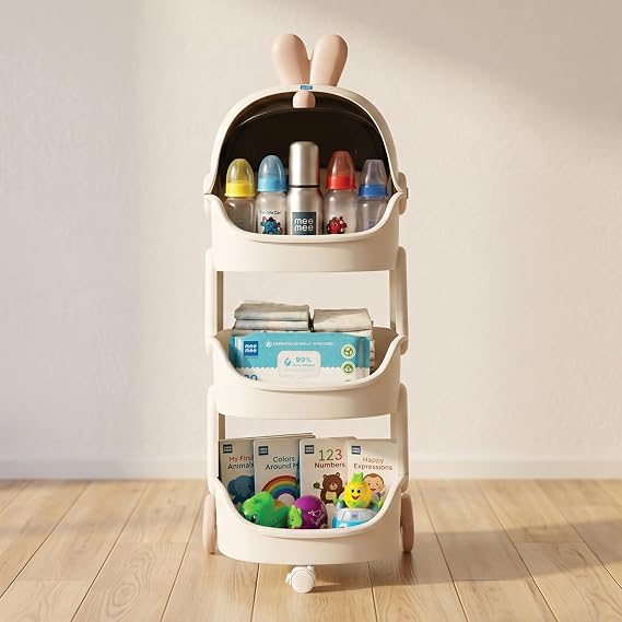 Astro Buddy Storage Organizer | 30L Kids Storage Cabinet with Dust-Proof Cover | PP Plastic Toy Organizer with Lockable Wheels | Space-Saving Nursery Storage