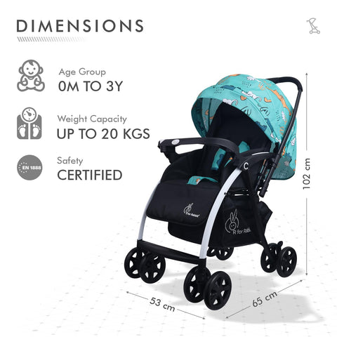 R for Rabbit Sugar Pop Baby Stroller | Pram with Auto Fold for Newborn Baby | Kids Pram and Stroller |Baby Stroller for Boy and Girl of 0 to 3 Years (Dino Blue)