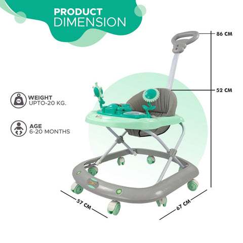 Funride Dash Butterfly DLX Baby Walker, Walker Baby 6-18 Months boy, Walker, Activity Walker with Music n Light and Parental Handle, 3 Position Adjustable Height (Capacity 20kg | Green)