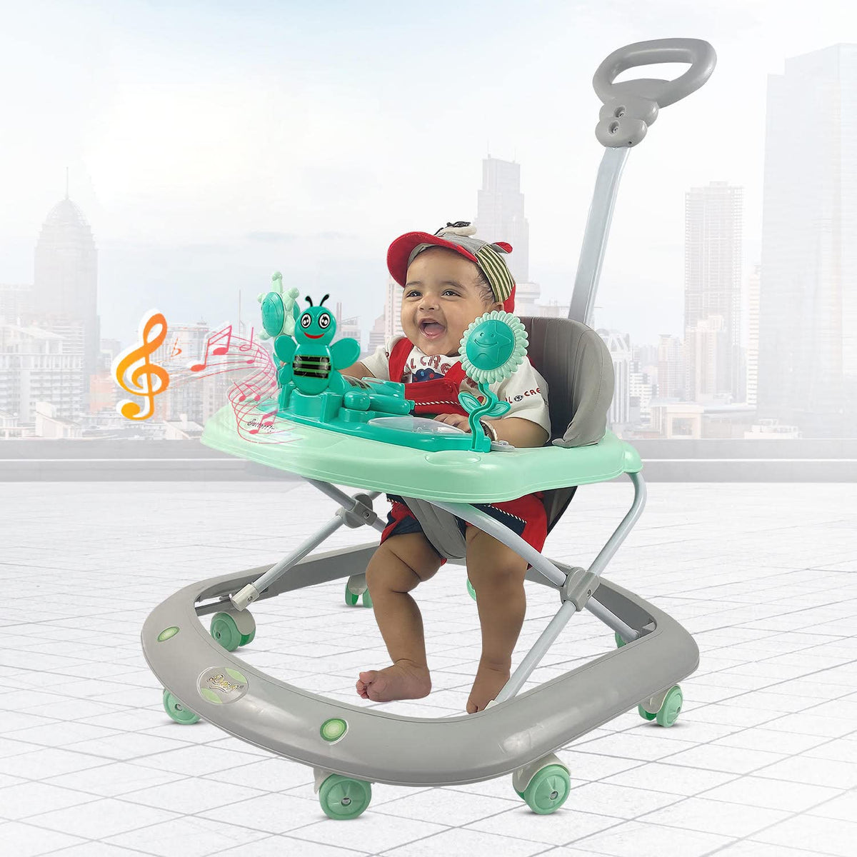 Funride Dash Butterfly DLX Baby Walker, Walker Baby 6-18 Months boy, Walker, Activity Walker with Music n Light and Parental Handle, 3 Position Adjustable Height (Capacity 20kg | Green)