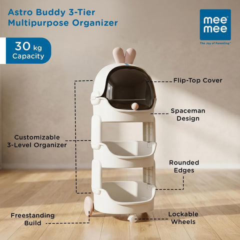 Astro Buddy Storage Organizer | 30L Kids Storage Cabinet with Dust-Proof Cover | PP Plastic Toy Organizer with Lockable Wheels | Space-Saving Nursery Storage