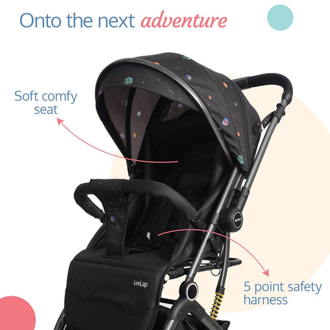 LuvLap Alpha Baby Stroller/Pram with 5 Point Safety Harness, Reversible Handle bar, Looking Window, Multi Level Recline & Adjustable footrest, Extendable Canopy, for Babies 0-3 Years (Black)