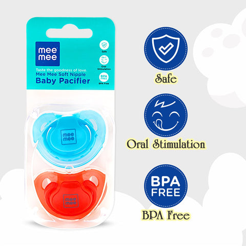 Mee Mee Baby Pacifier Ultra Light Soft Silicone Nipple| BPA Free | Oral stimulatory | Teether | Pack of 2 | 0-6 months + Kids (Blue/Red)