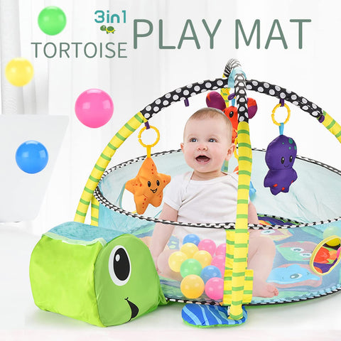 3-in-1 Turtle Baby Play Mat Gym Carpet Crawling Mat Turtle Toy Net Support Marine Ball Pool Fence