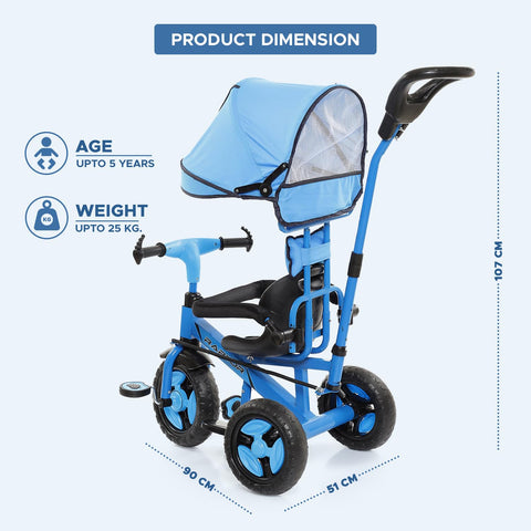 Dash Raptor 3 in 1 Cycle for Kids, Baby Cycle,Tricycle, Kids Cycle, Tricycle for Kids for 3 Years to 5 Years with UV Protection Canopy, Parental Handle, Protective Arm Rest (Capacity 25Kg | Blue)