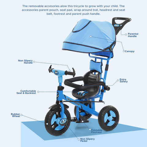 Dash Raptor 3 in 1 Cycle for Kids, Baby Cycle,Tricycle, Kids Cycle, Tricycle for Kids for 3 Years to 5 Years with UV Protection Canopy, Parental Handle, Protective Arm Rest (Capacity 25Kg | Blue)