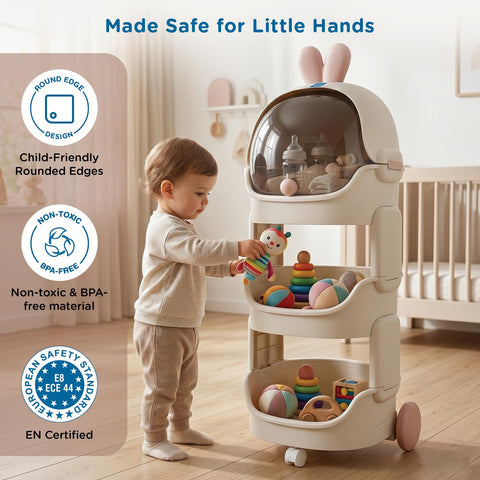Astro Buddy Storage Organizer | 30L Kids Storage Cabinet with Dust-Proof Cover | PP Plastic Toy Organizer with Lockable Wheels | Space-Saving Nursery Storage