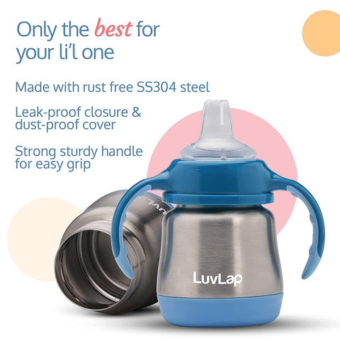 LuvLap 3 in 1 Baby Steel Sipper, Made of Rust Free SS304 Stainless Steel, Ergonomic Handle, Spout & Weighted Straw, Blue, 3M+, 240 ml