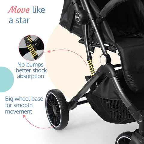 LuvLap Alpha Baby Stroller/Pram with 5 Point Safety Harness, Reversible Handle bar, Looking Window, Multi Level Recline & Adjustable footrest, Extendable Canopy, for Babies 0-3 Years (Black)