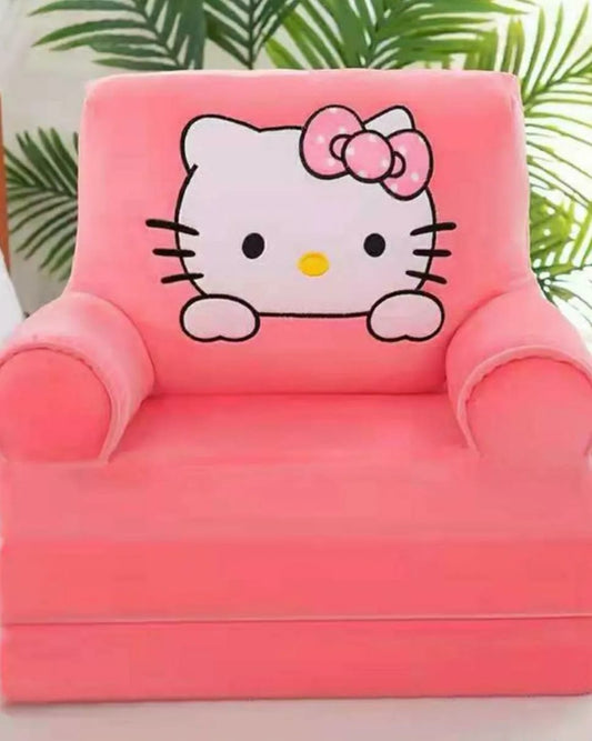 KITTY Foldable Kids Sofa, Plush Children Couch Backrest Armchair Bed With Pocket, Cartoon Upholstered 2 In 1 Flip Open Couch Seat For Infant Toddler