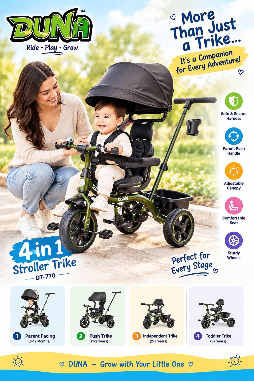 Dash Duna 4-in-1 Tricycle with Hood is a convertible toddler ride-on toy